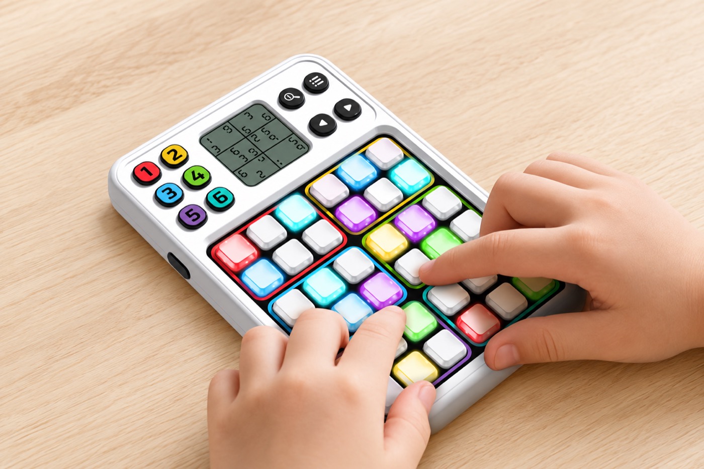 Brain and Logic Games - cynkgiro THINK 1 Hands playing the illuminated QHS808 color Sudoku game on a light wooden table