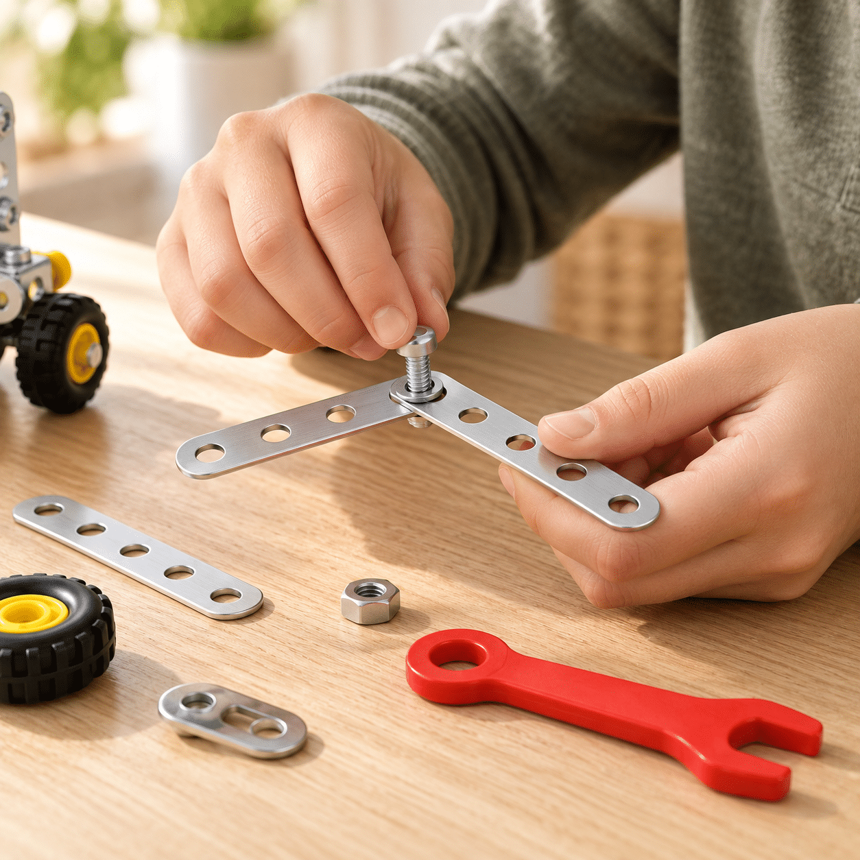 Hands joining perforated metal building pieces with a bolt