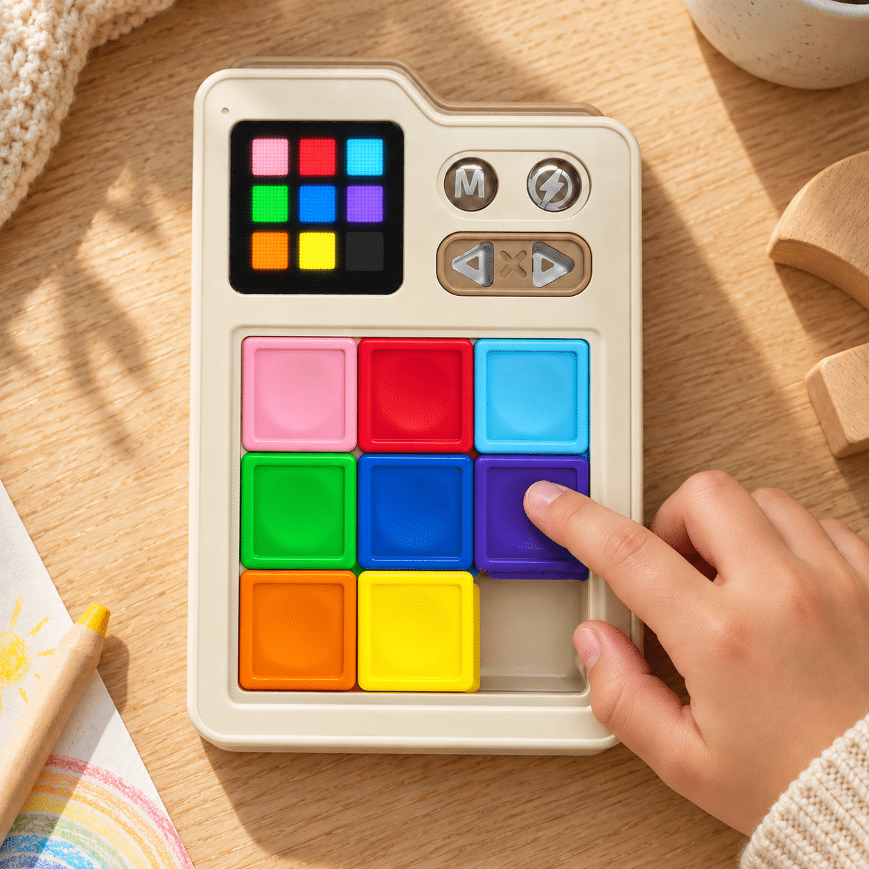 Hand exploring the colored sliding blocks of the upright QHS806 puzzle