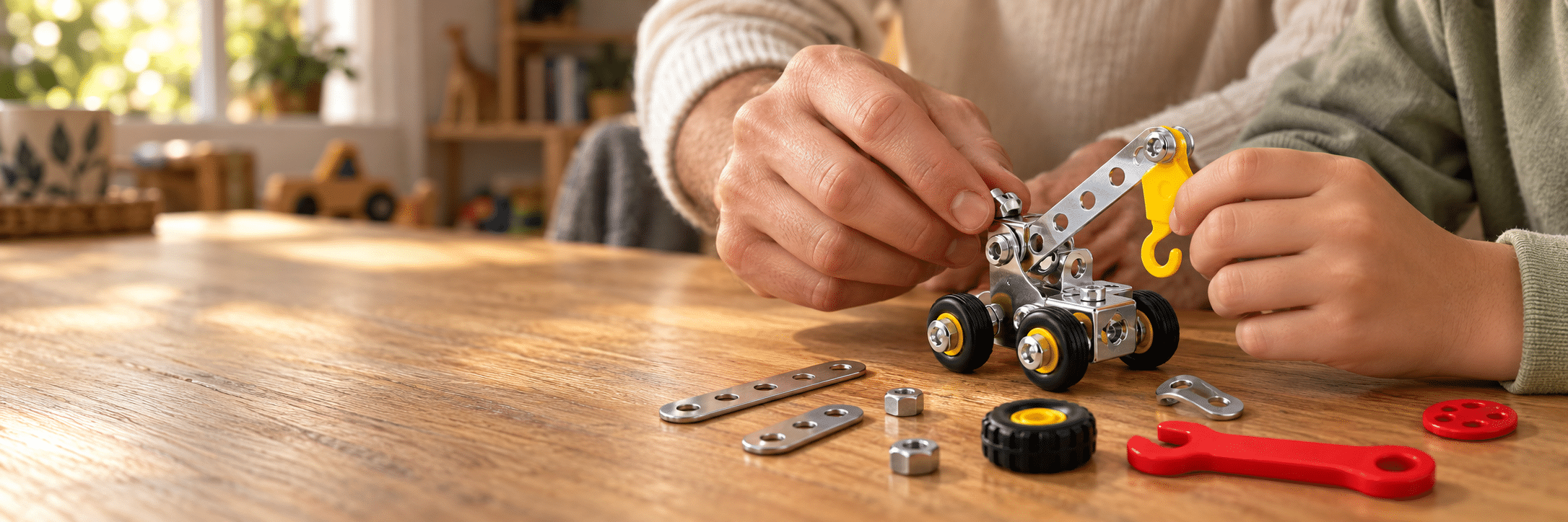 A parent and child assembling a small metal building toy together at a sunlit wooden table