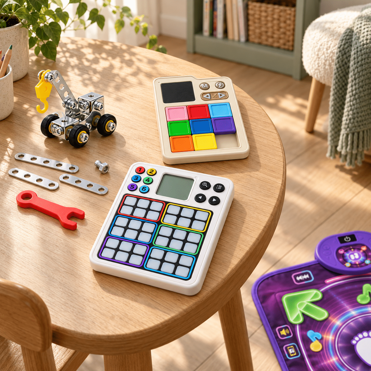 cynkgiro logic toys and metal building pieces in a sunlit play corner