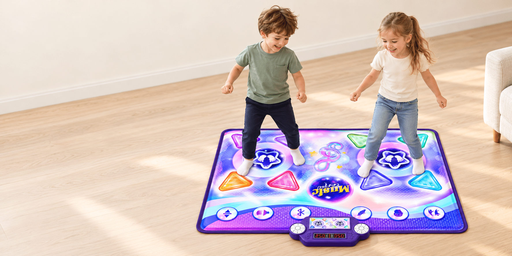 Home 1 Front view of two children playing on a TW822-3 dance mat, with the controller on the near edge in front of them