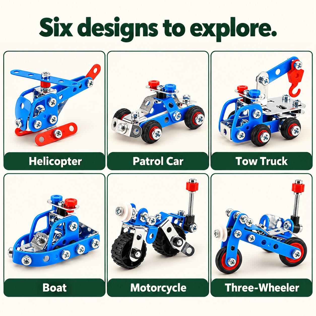 Six miniature vehicle designs shown in separate panels