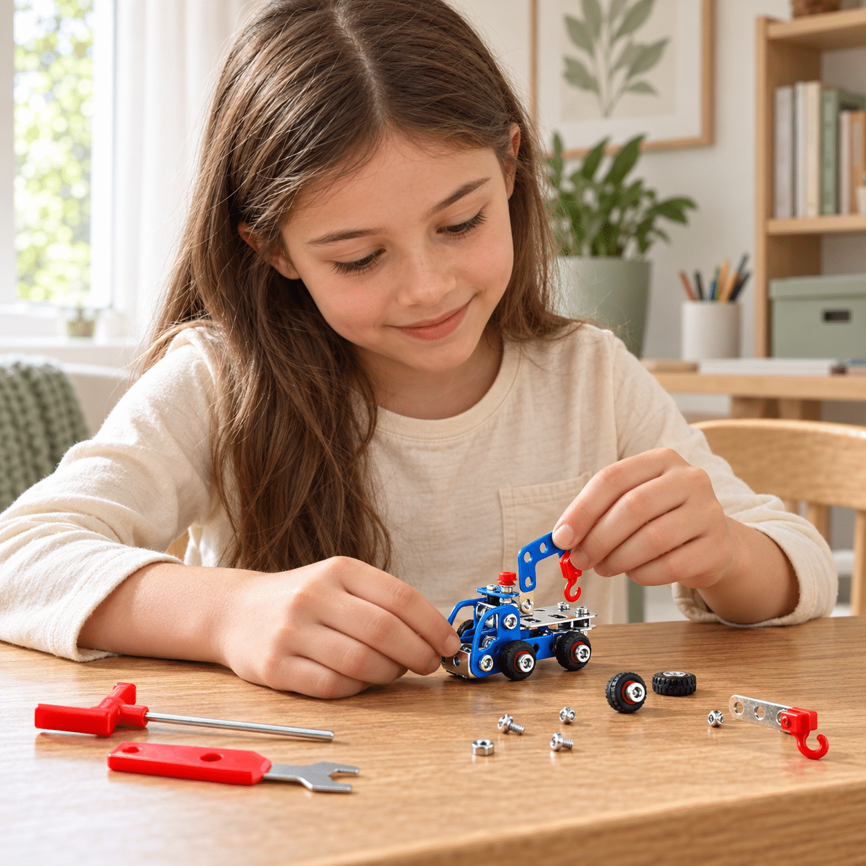One child assembling a palm-size blue metal tow truck