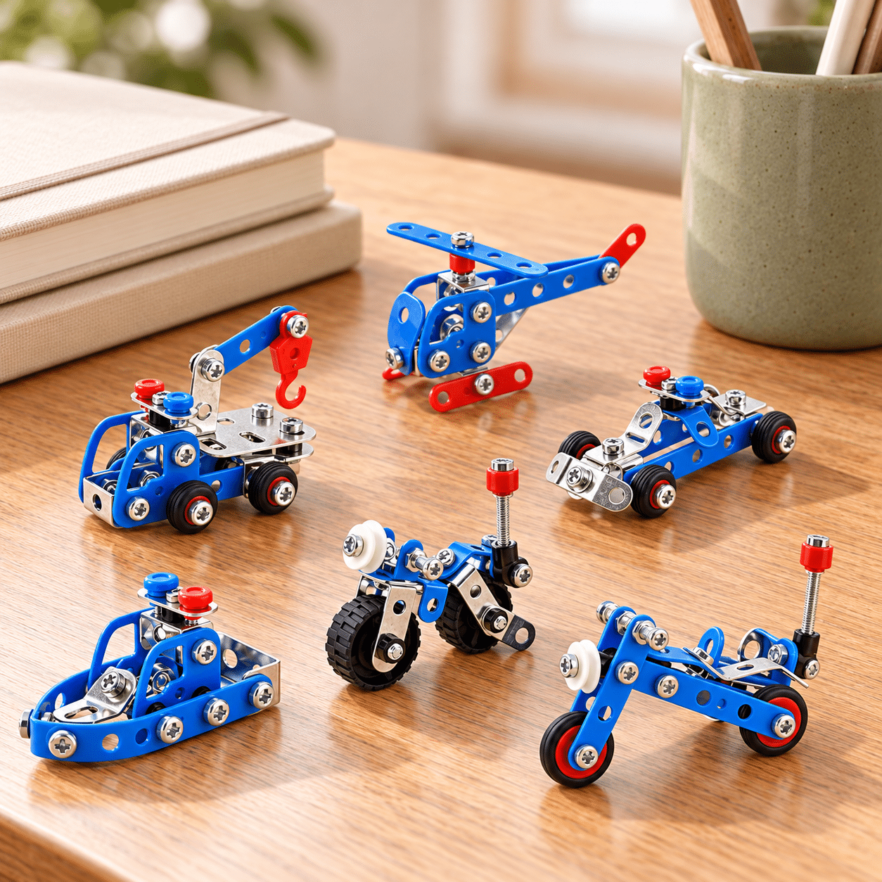 Six miniature blue metal vehicle designs displayed beside notebooks on an oak desk