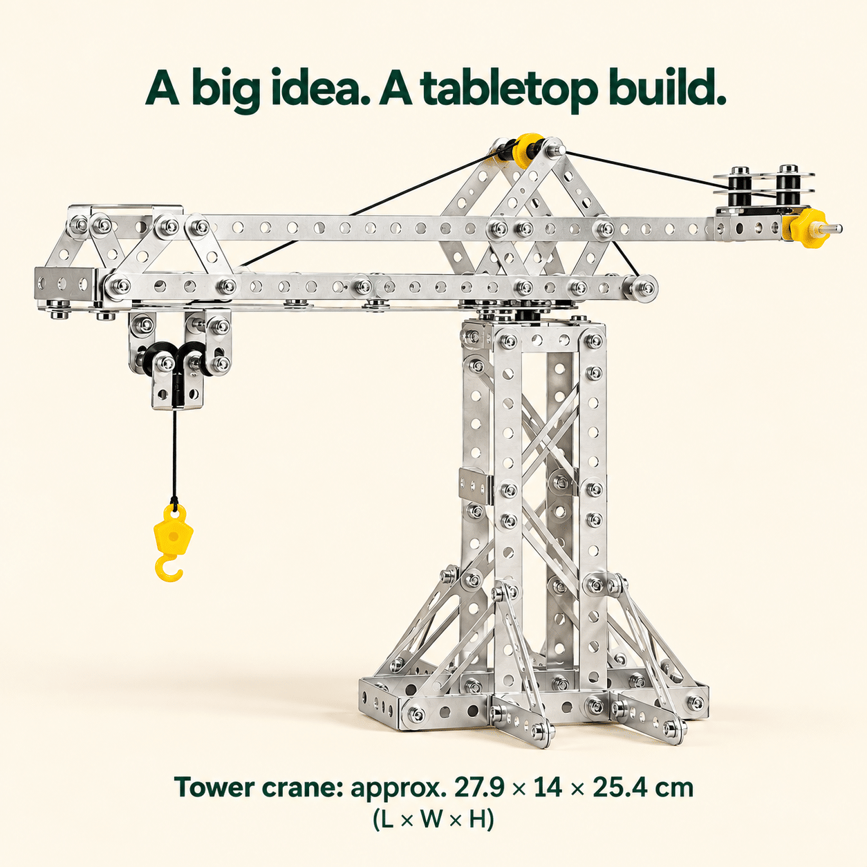 Tower crane approximate dimensions: 27.9 by 14 by 25.4 cm
