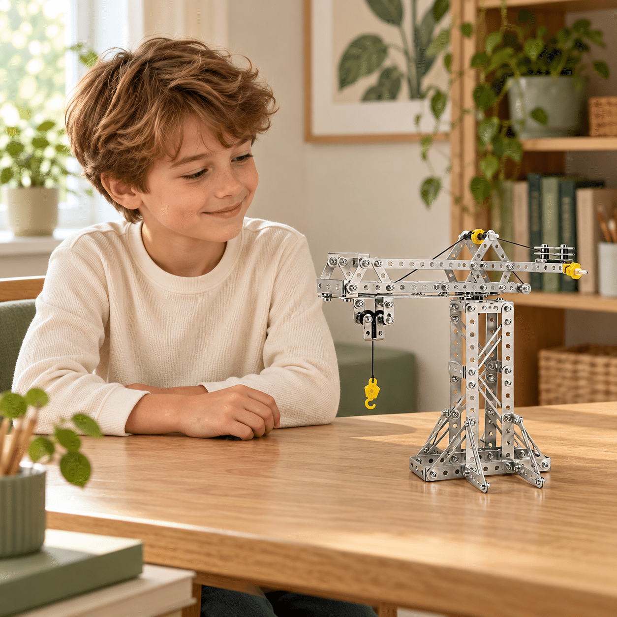 A child admiring a completed metal tower crane