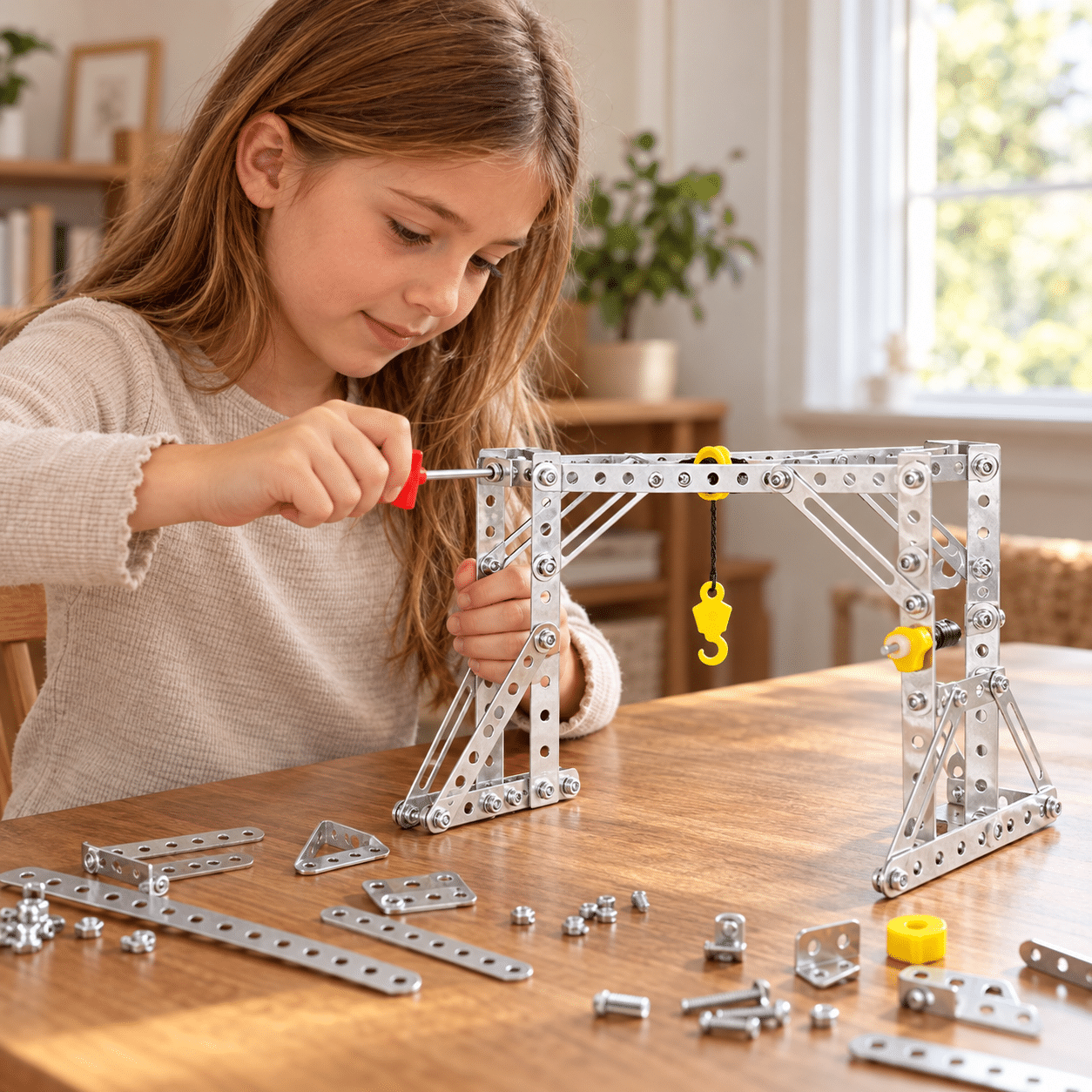 One child assembling a silver metal frame crane