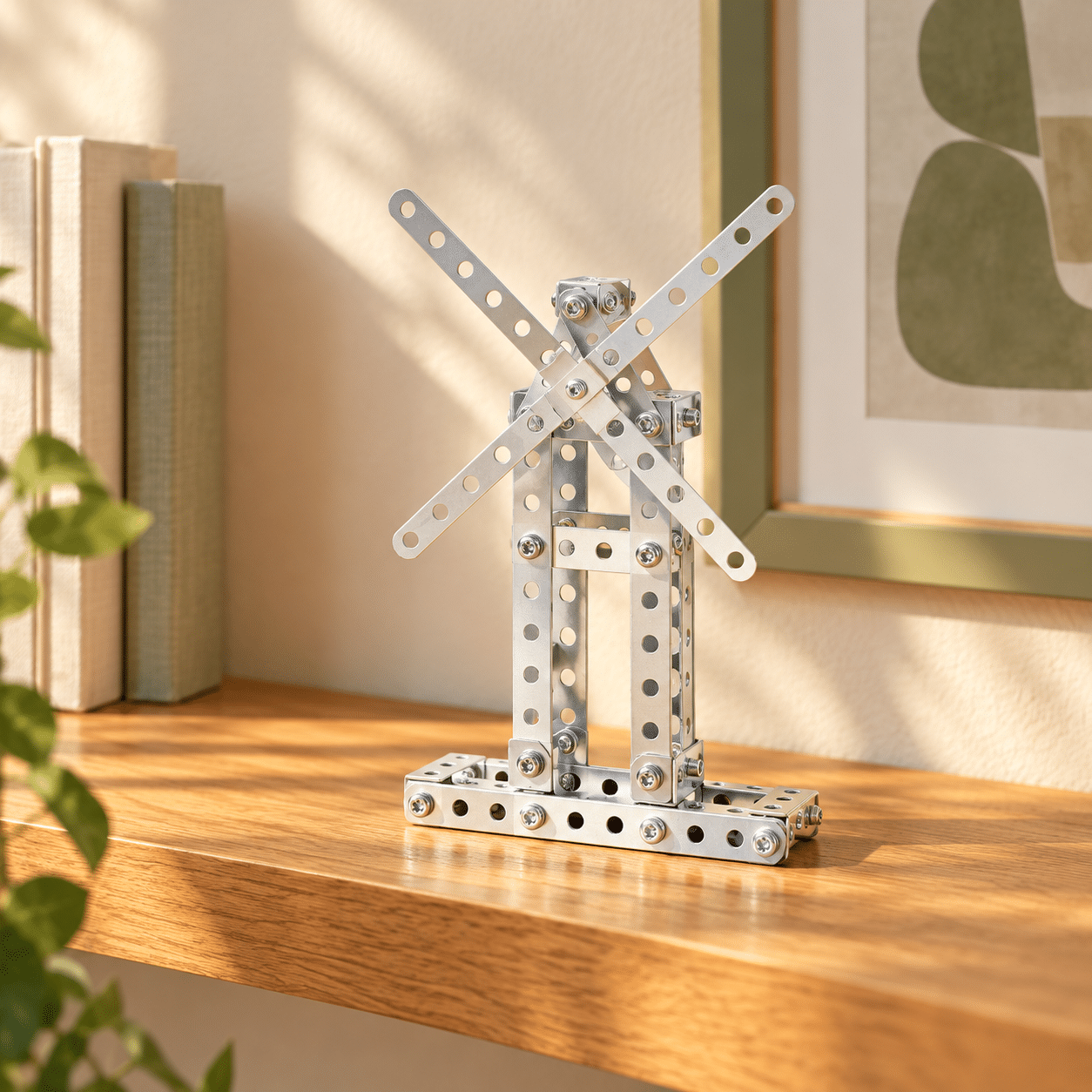 Completed silver metal windmill displayed on an oak shelf