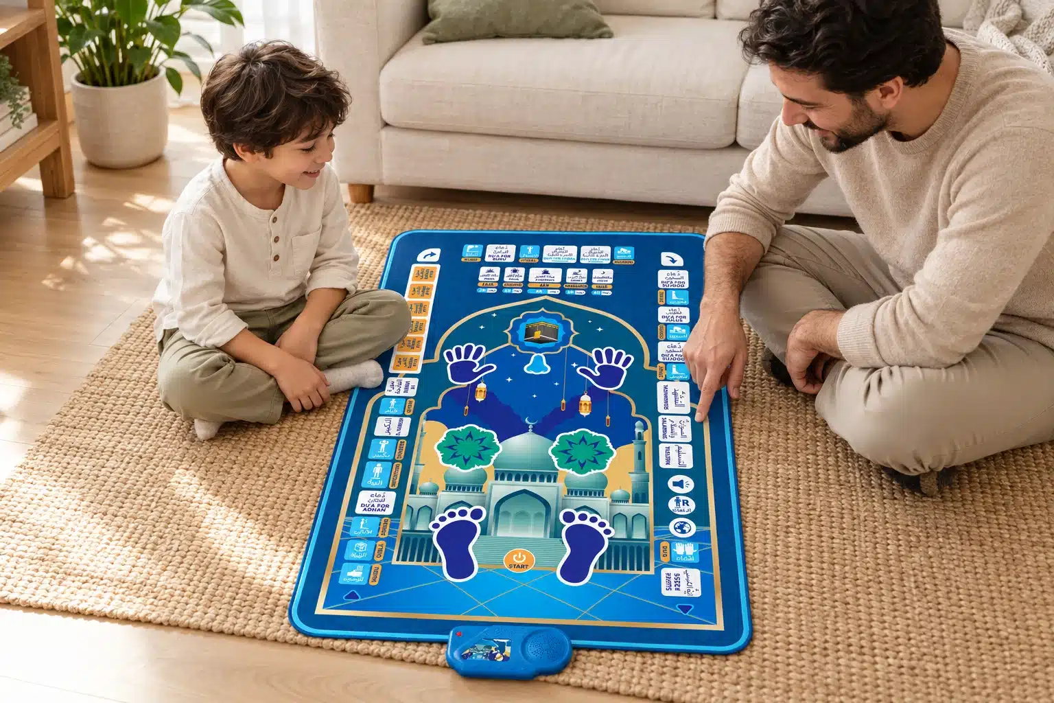 Interactive Prayer Mat for Kids 4 Parent and child exploring the blue interactive prayer mat together