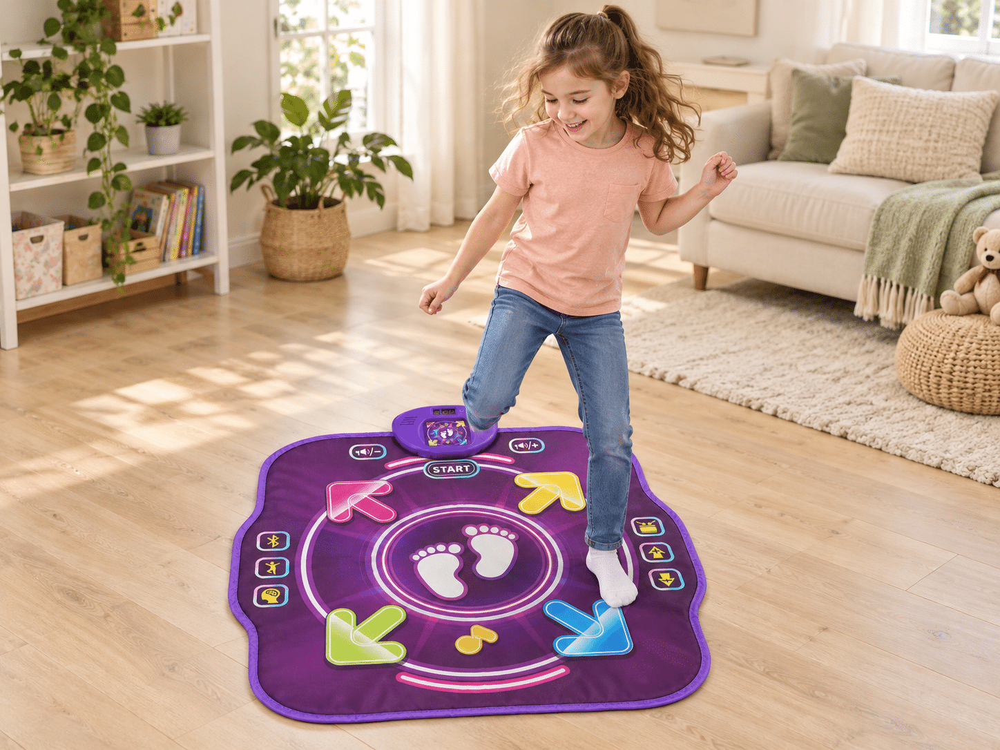Illustrative child playing on the dance mat