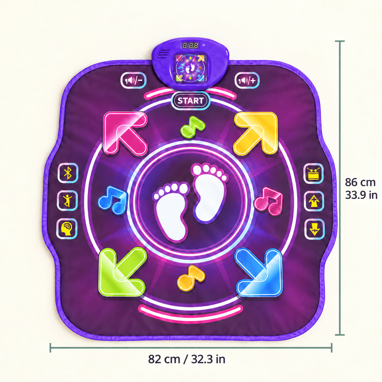 Smooth purple dance mat: length 86 cm / 33.9 in, width 82 cm / 32.3 in