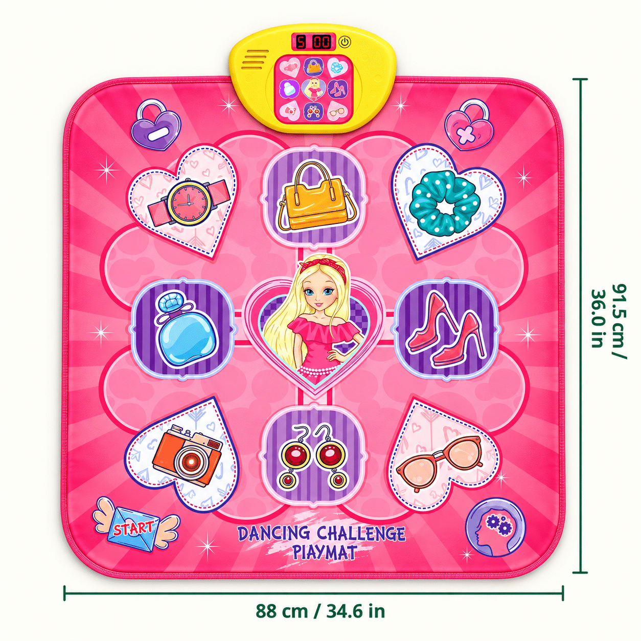 Pink fashion dance mat: length 91.5 cm / 36.0 in, width 88 cm / 34.6 in