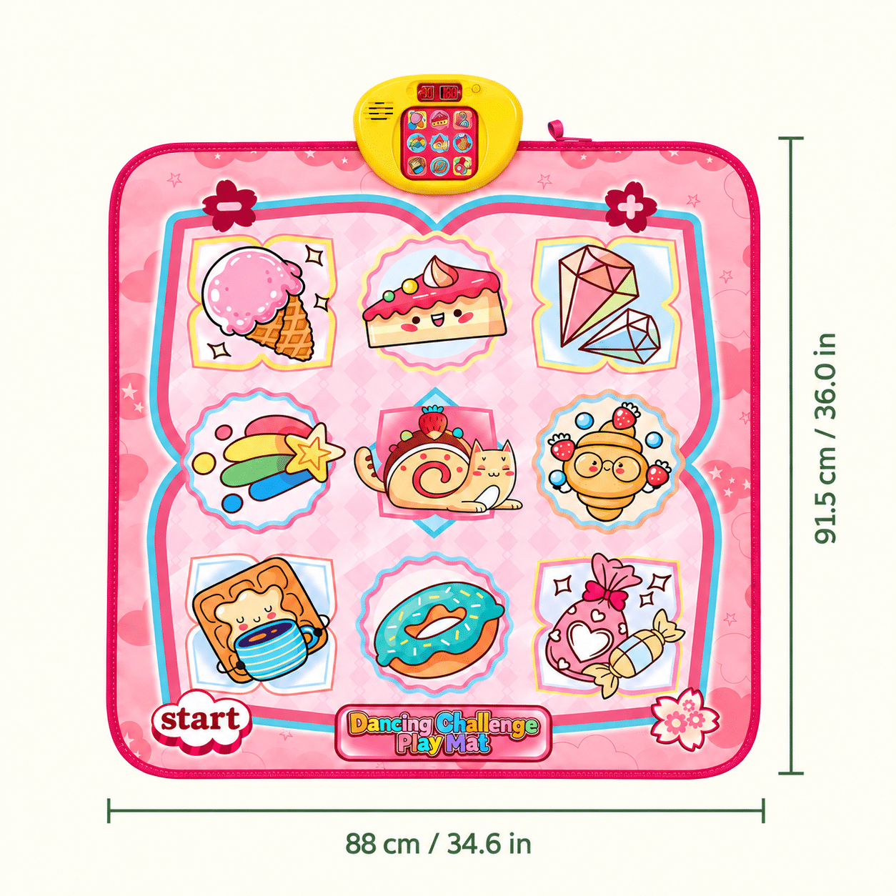 Pink dessert dance mat: length 91.5 cm / 36.0 in, width 88 cm / 34.6 in
