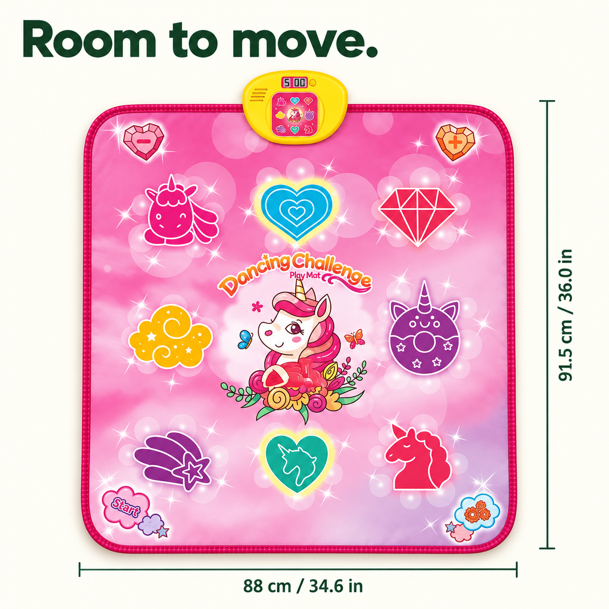 Pink unicorn dance mat: length 91.5 cm / 36.0 in, width 88 cm / 34.6 in