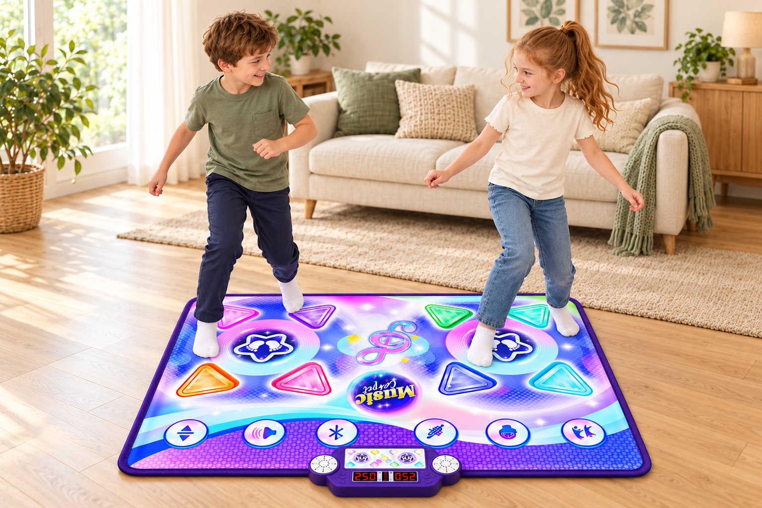 Two children smiling at each other while playing on the TW822-3 dance mat